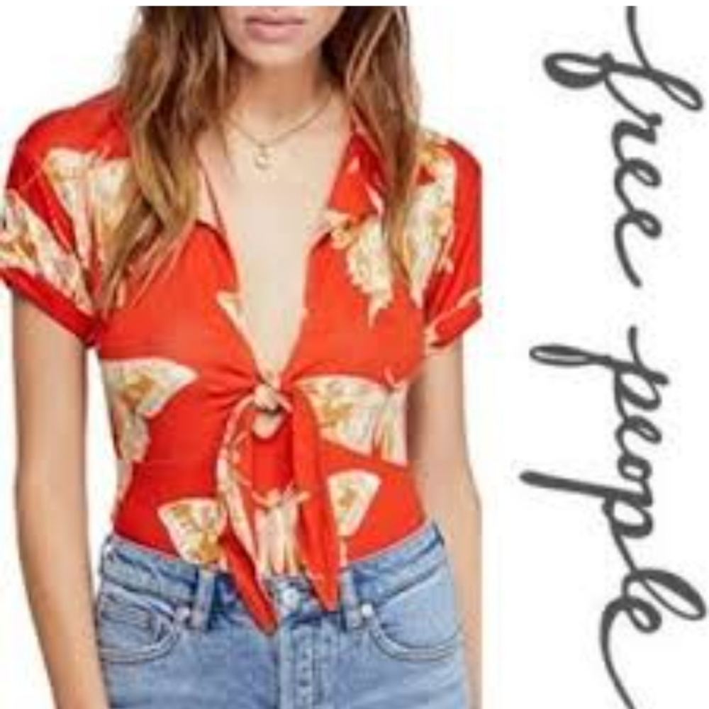Free People Orange Butterfly Print Cropped Polo Top